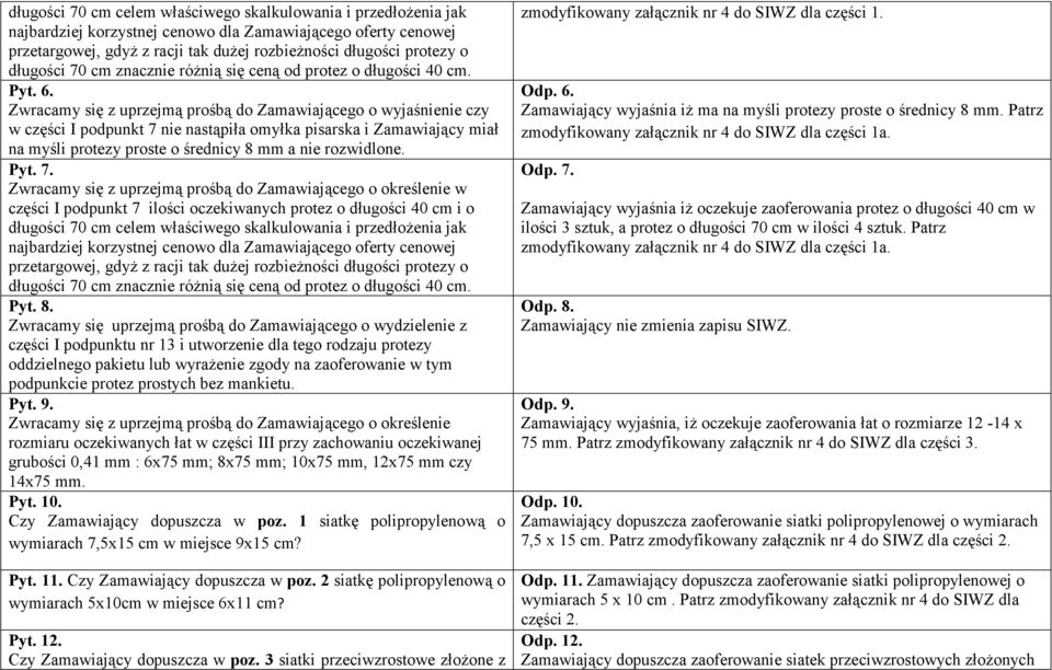 Zwracamy się z uprzejmą prośbą do Zamawiającego o wyjaśnienie czy w części I podpunkt 7 nie nastąpiła omyłka pisarska i Zamawiający miał na myśli protezy proste o średnicy 8 mm a nie rozwidlone. Pyt.