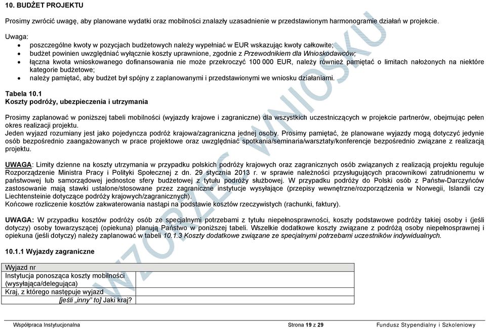 łączna kwota wnioskowanego dofinansowania nie może przekroczyć 100 000 EUR, należy również pamiętać o limitach nałożonych na niektóre kategorie budżetowe; należy pamiętać, aby budżet był spójny z