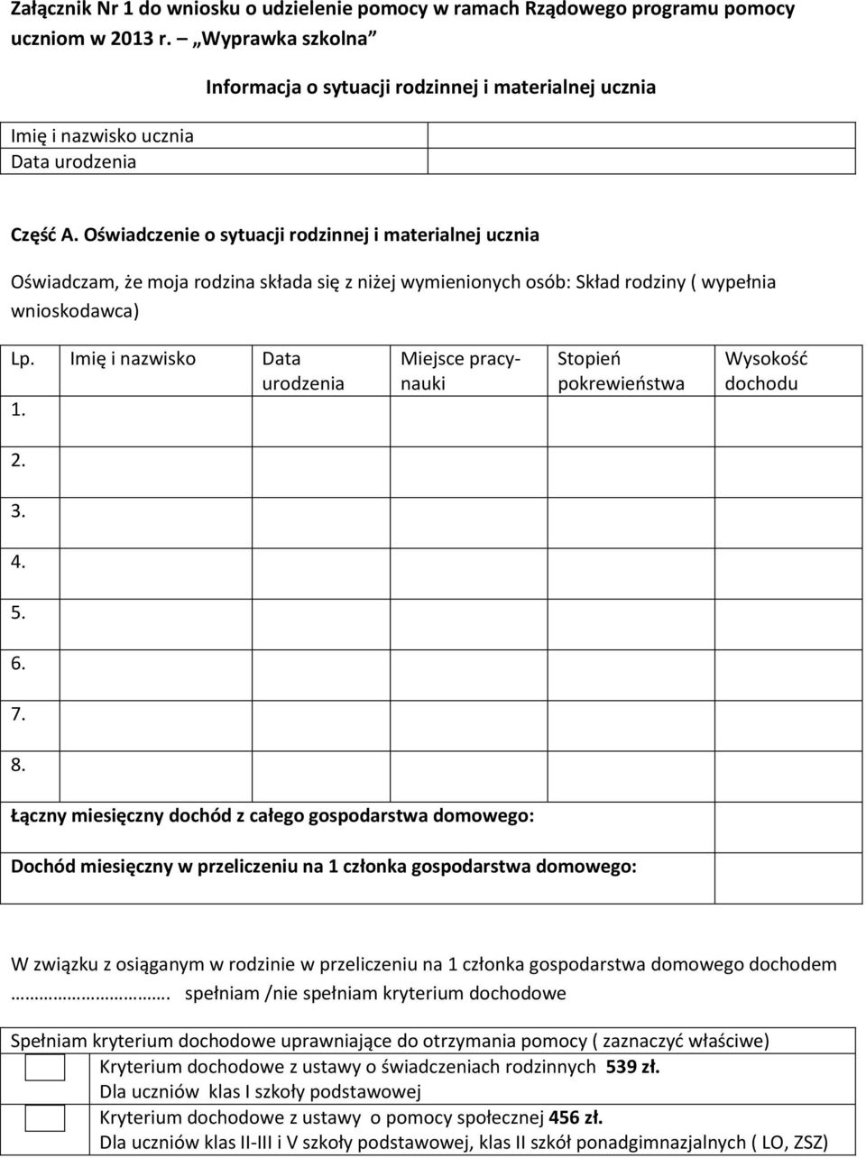 Oświadczenie o sytuacji rodzinnej i materialnej ucznia Oświadczam, że moja rodzina składa się z niżej wymienionych osób: Skład rodziny ( wypełnia wnioskodawca) Lp. Imię i nazwisko Data urodzenia 1.