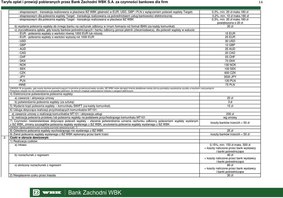 180 zł - ekspresowym dla polecenia wypłaty Target - transakcja realizowana za pośrednictwem usług bankowości elektronicznej 0,2%, min. 10 zł maks.