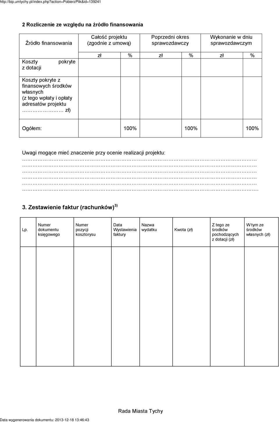 Ogółem: 100% 100% 100% Uwagi mogące mieć znaczenie przy ocenie realizacji projektu:. 3. Zestawienie faktur (rachunków) 3) Lp.