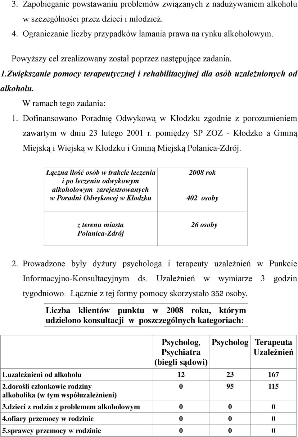 Dofinansowano Poradnię Odwykową w Kłodzku zgodnie z porozumieniem zawartym w dniu 23 lutego 2001 r. pomiędzy SP ZOZ - Kłodzko a Gminą Miejską i Wiejską w Kłodzku i Gminą Miejską Polanica-Zdrój.