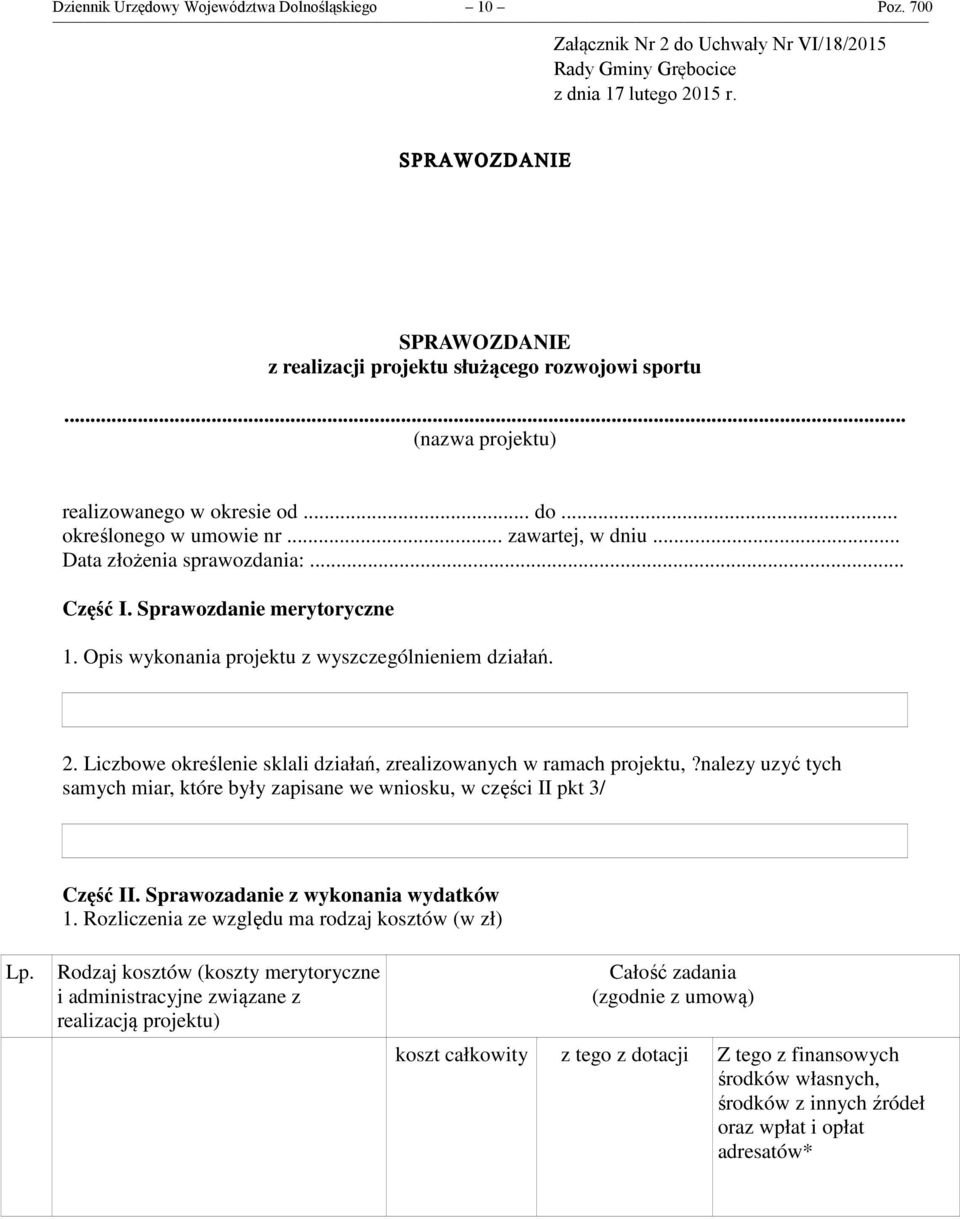 .. Data złożenia sprawozdania:... Część I. Sprawozdanie merytoryczne 1. Opis wykonania projektu z wyszczególnieniem działań. 2. Liczbowe określenie sklali działań, zrealizowanych w ramach projektu,?