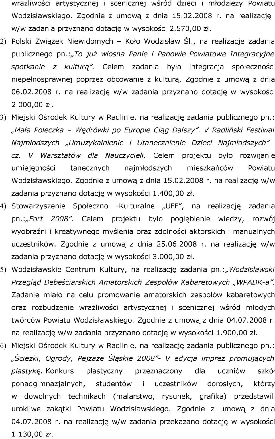 Celem zadania była integracja społeczności niepełnosprawnej poprzez obcowanie z kulturą. Zgodnie z umową z dnia 06.02.2008 r. na realizację w/w zadania przyznano dotację w wysokości 2.000,00 zł.