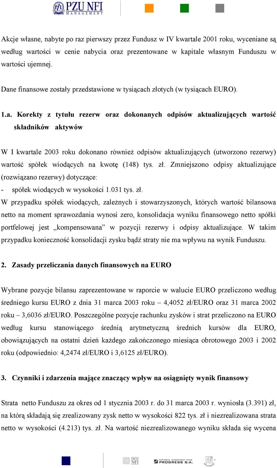 dokonano również odpisów aktualizujących (utworzono rezerwy) wartość spółek wiodących na kwotę (148) tys. zł.