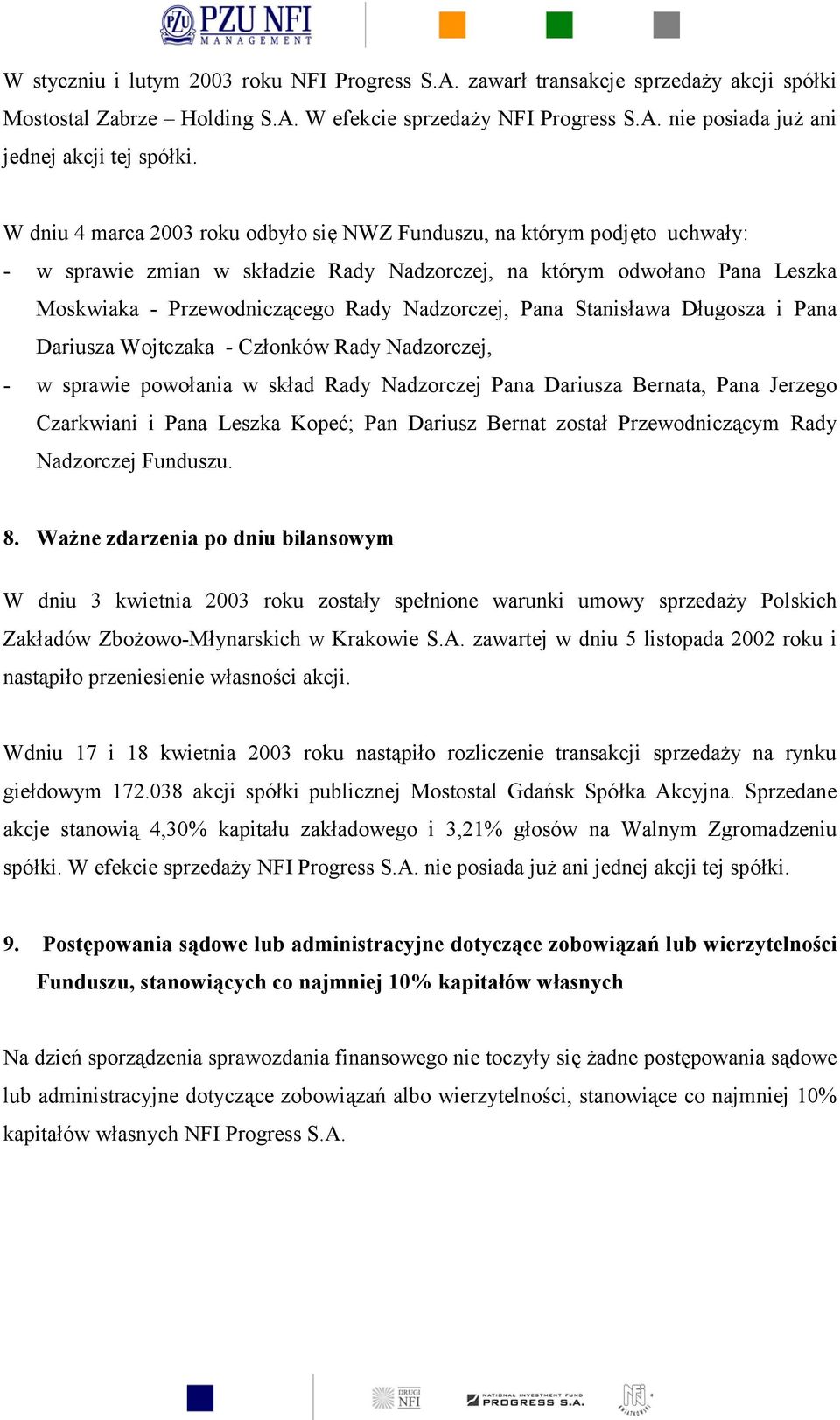 Pana Stanisława Długosza i Pana Dariusza Wojtczaka - Członków Rady Nadzorczej, - w sprawie powołania w skład Rady Nadzorczej Pana Dariusza Bernata, Pana Jerzego Czarkwiani i Pana Leszka Kopeć; Pan