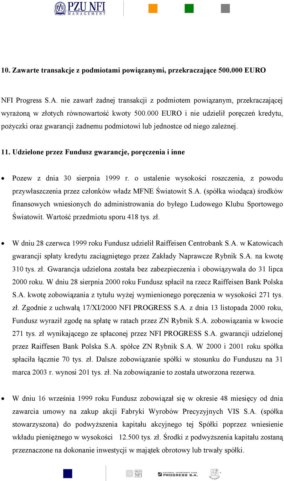 000 EURO i nie udzielił poręczeń kredytu, pożyczki oraz gwarancji żadnemu podmiotowi lub jednostce od niego zależnej. 11.