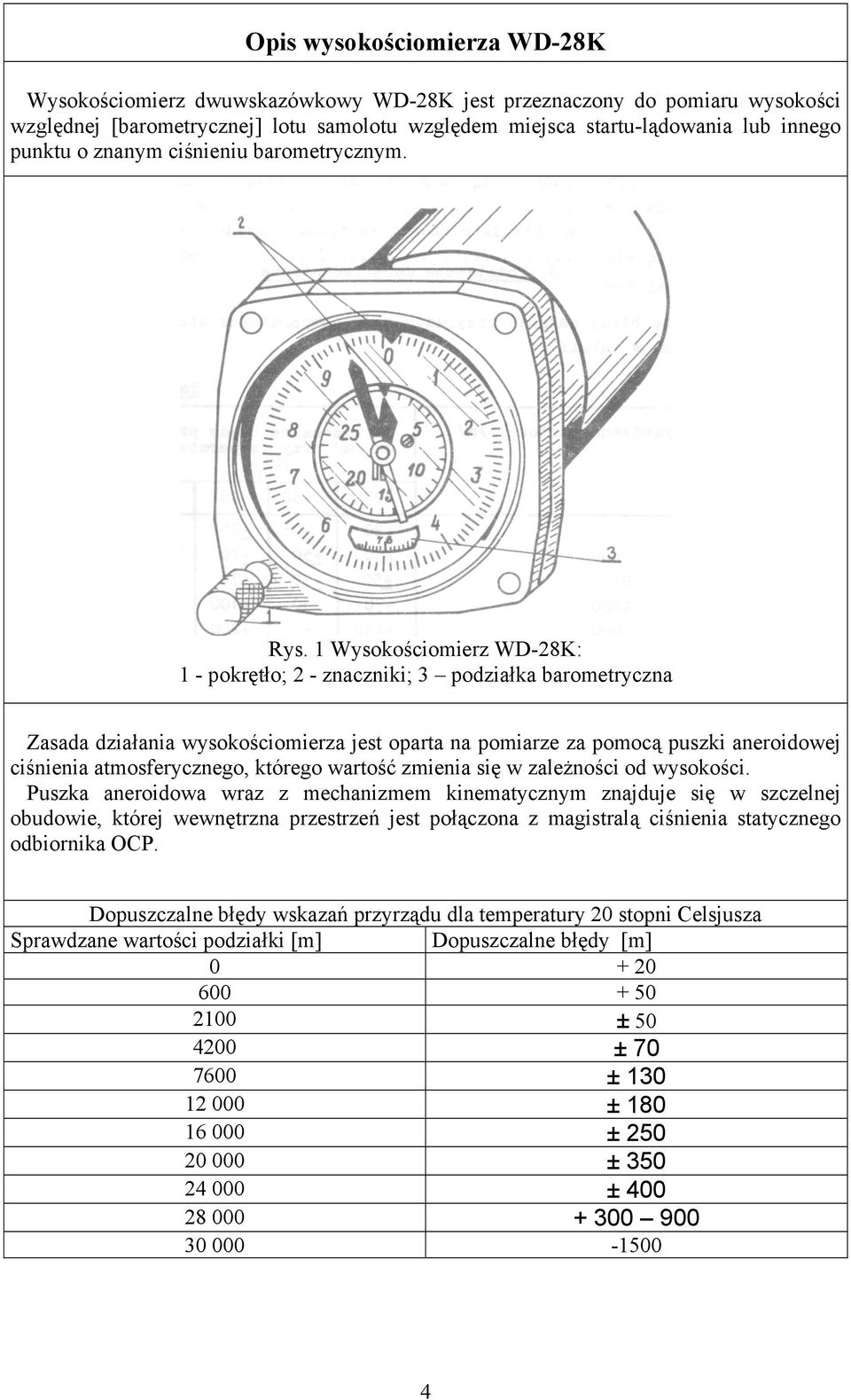 1 Wysokościomierz WD-28K: 1 - pokrętło; 2 - znaczniki; 3 podziałka barometryczna Zasada działania wysokościomierza jest oparta na pomiarze za pomocą puszki aneroidowej ciśnienia atmosferycznego,