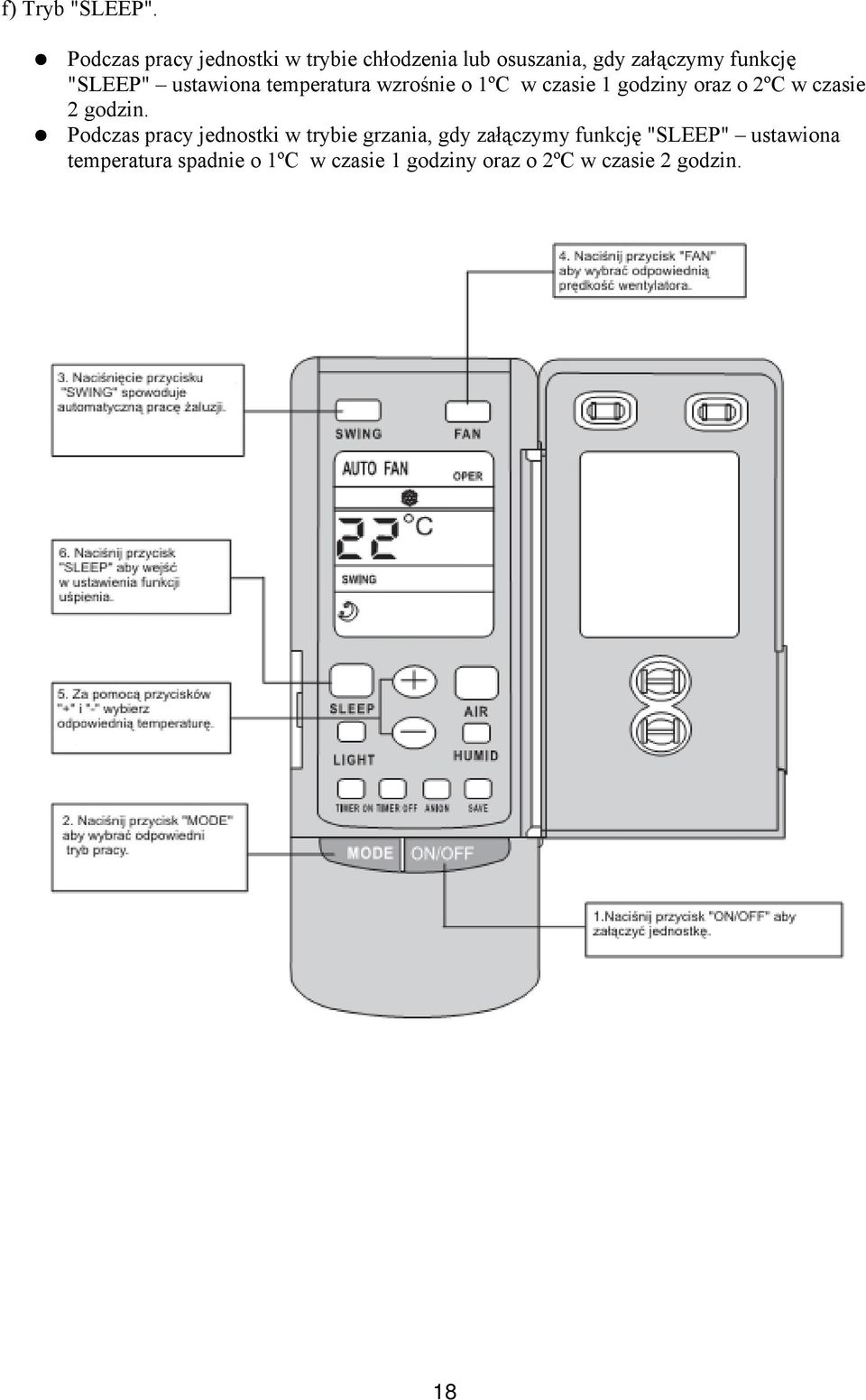"SLEEP" ustawiona temperatura wzrośnie o 1ºC w czasie 1 godziny oraz o 2ºC w czasie 2