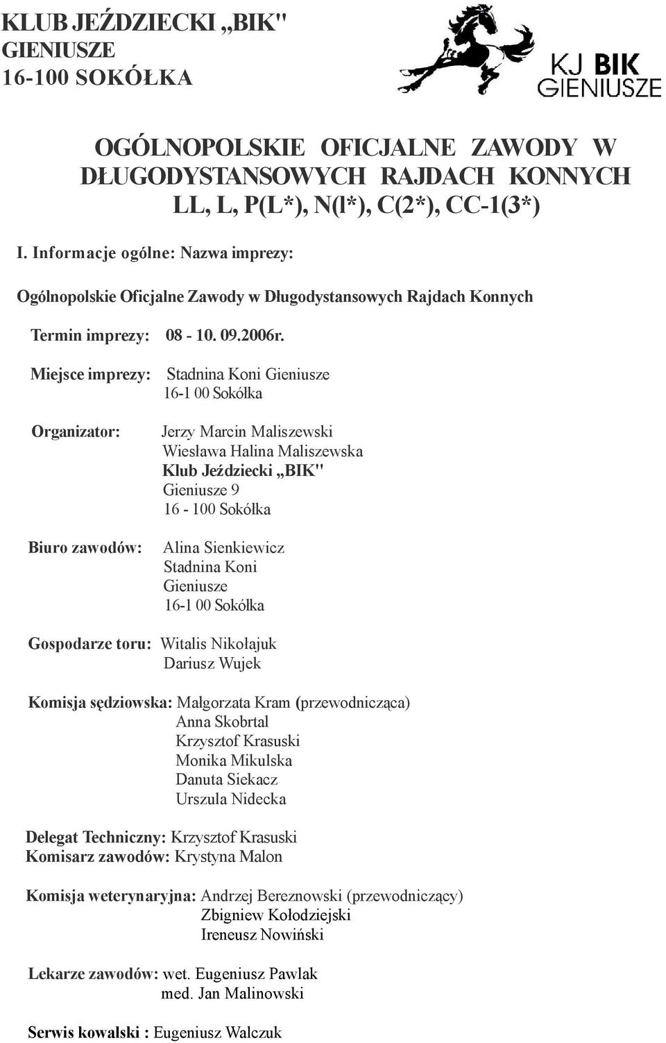 Miejsce imprezy: Stadnina Koni Gieniusze 16-1 00 Sokółka Organizator: Biuro zawodów: Jerzy Marcin Maliszewski Wiesława Halina Maliszewska Klub Jeździecki BIK" Gieniusze 9 16-100 Sokółka Alina