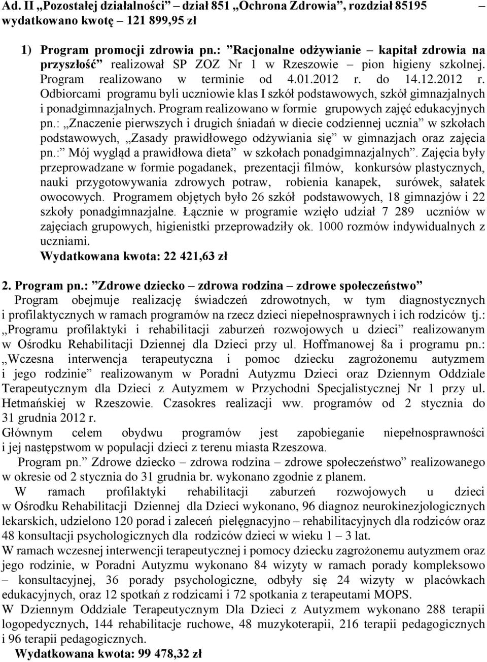 do 14.12.2012 r. Odbiorcami programu byli uczniowie klas I szkół podstawowych, szkół gimnazjalnych i ponadgimnazjalnych. Program realizowano w formie grupowych zajęć edukacyjnych pn.