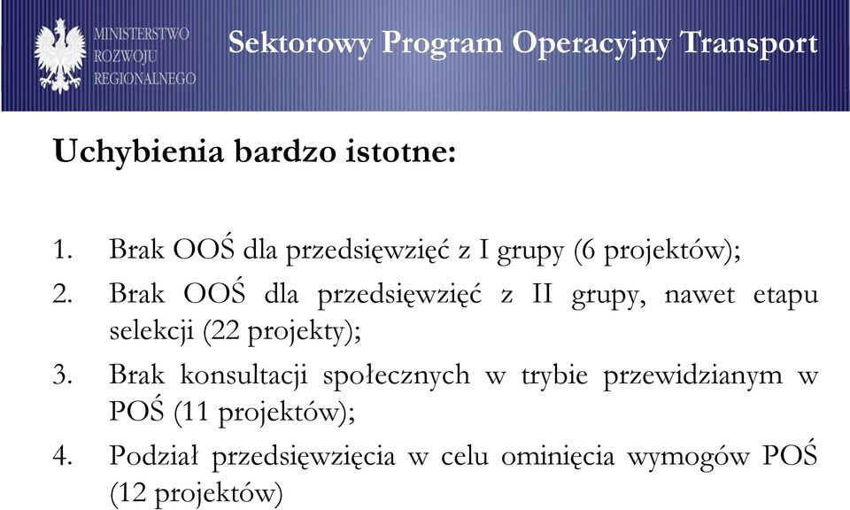 Brak konsultacji społecznychł w trybie przewidzianym i w POŚ (11 projektów); 4 Podział