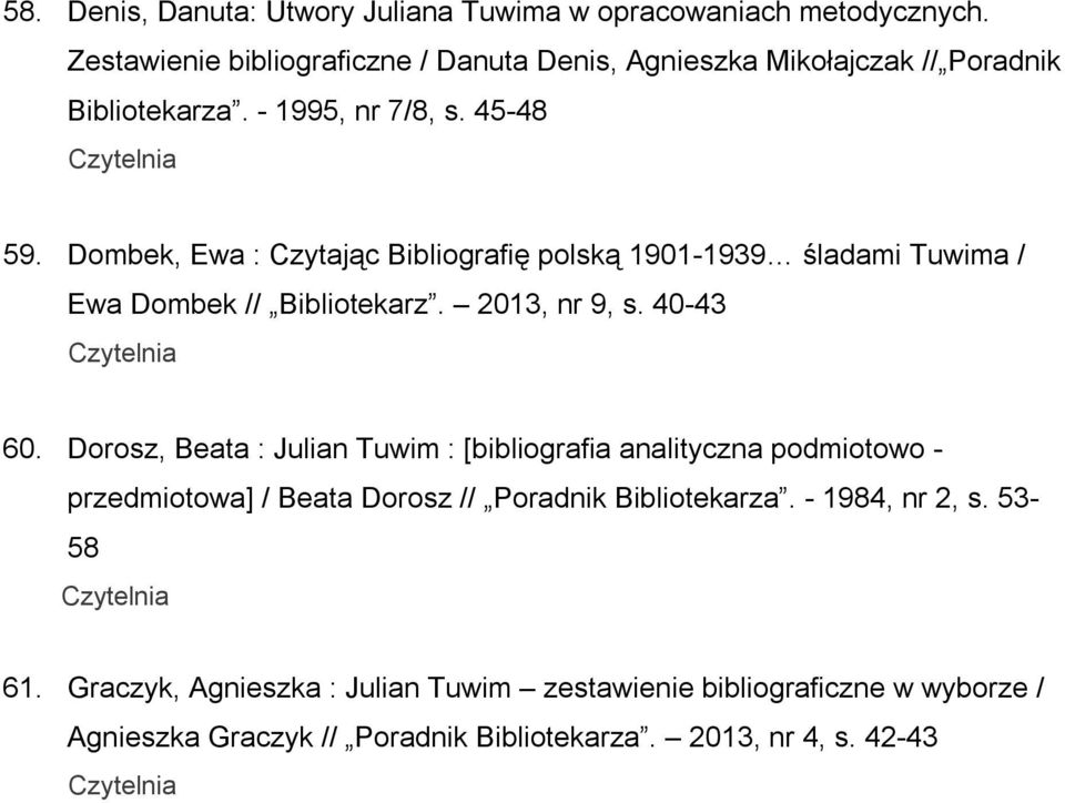 Dombek, Ewa : Czytając Bibliografię polską 1901-1939 śladami Tuwima / Ewa Dombek // Bibliotekarz. 2013, nr 9, s. 40-43 60.