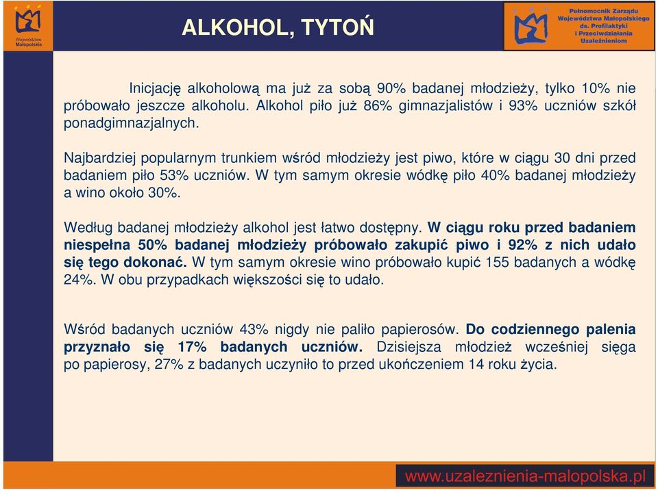 Według badanej młodzieŝy alkohol jest łatwo dostępny. W ciągu roku przed badaniem niespełna 50% badanej młodzieŝy próbowało zakupić piwo i 92% z nich udało się tego dokonać.