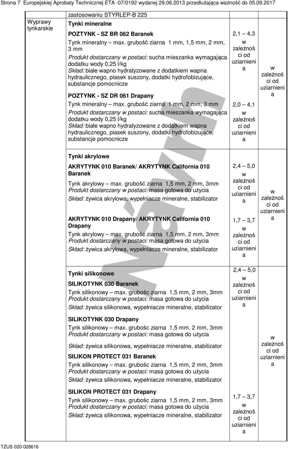 grubość zirn 1 mm, 1,5 mm, 2 mm, 3 mm Produkt dostrczny postci: such miesznk ymgjąc dodtku ody 0,25 l/kg Skłd: biłe pno hydrtyzone z dodtkiem pn hydrulicznego, pisek suszony, dodtki hydrofobizujące,