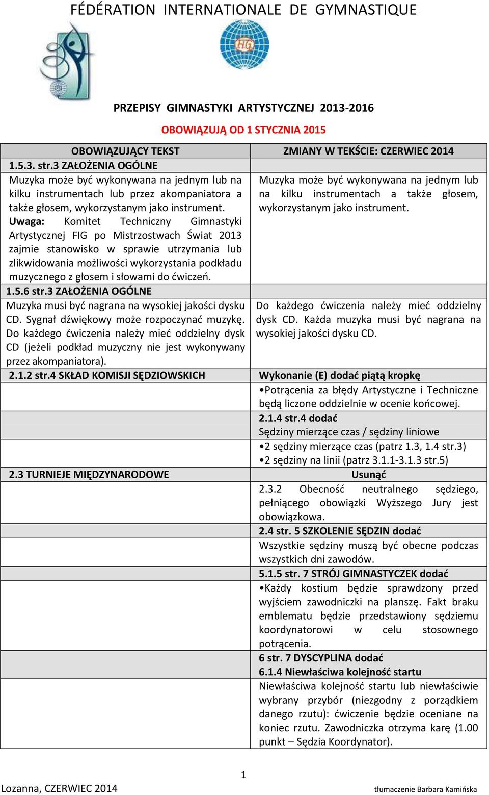 Uwaga: Komitet Techniczny Gimnastyki Artystycznej FIG po Mistrzostwach Świat 2013 zajmie stanowisko w sprawie utrzymania lub zlikwidowania możliwości wykorzystania podkładu muzycznego z głosem i