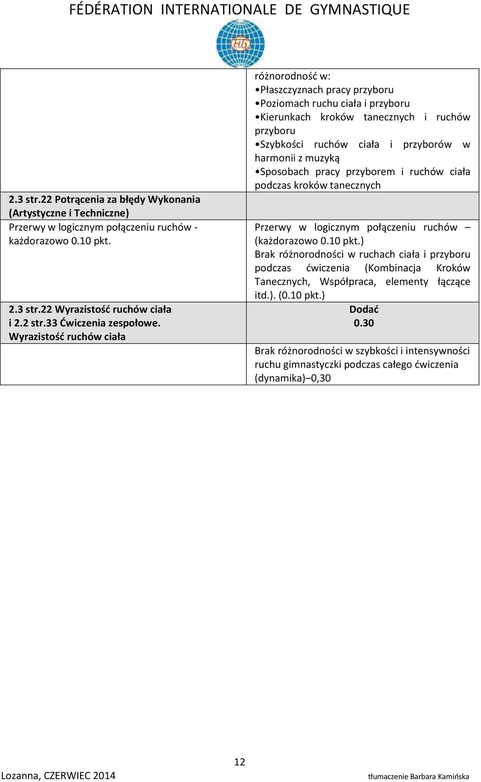 Wyrazistość ruchów ciała różnorodność w: Płaszczyznach pracy Poziomach ruchu ciała i Kierunkach kroków tanecznych i ruchów Szybkości ruchów ciała i przyborów w harmonii z muzyką Sposobach