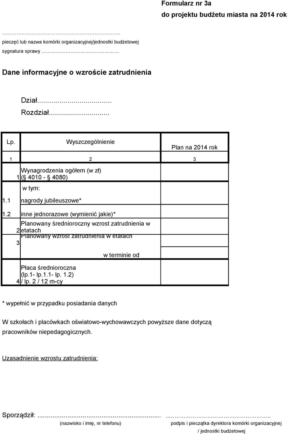 2 inne jednorazowe (wymienić jakie)* Planowany średnioroczny wzrost zatrudnienia w 2 etatach Planowany wzrost zatrudnienia w etatach 3 w terminie od Płaca średnioroczna (lp.1- lp.1.1- lp. 1.