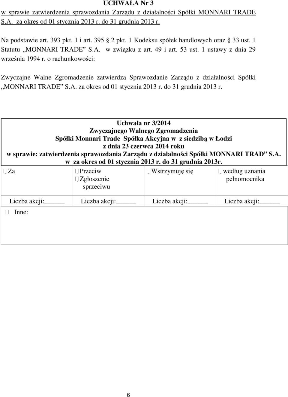 1 ustawy z dnia 29 września 1994 r. o rachunkowości: Zwyczajne Walne Zgromadzenie zatwierdza Sprawozdanie Zarządu z działalności Spółki MONNAR