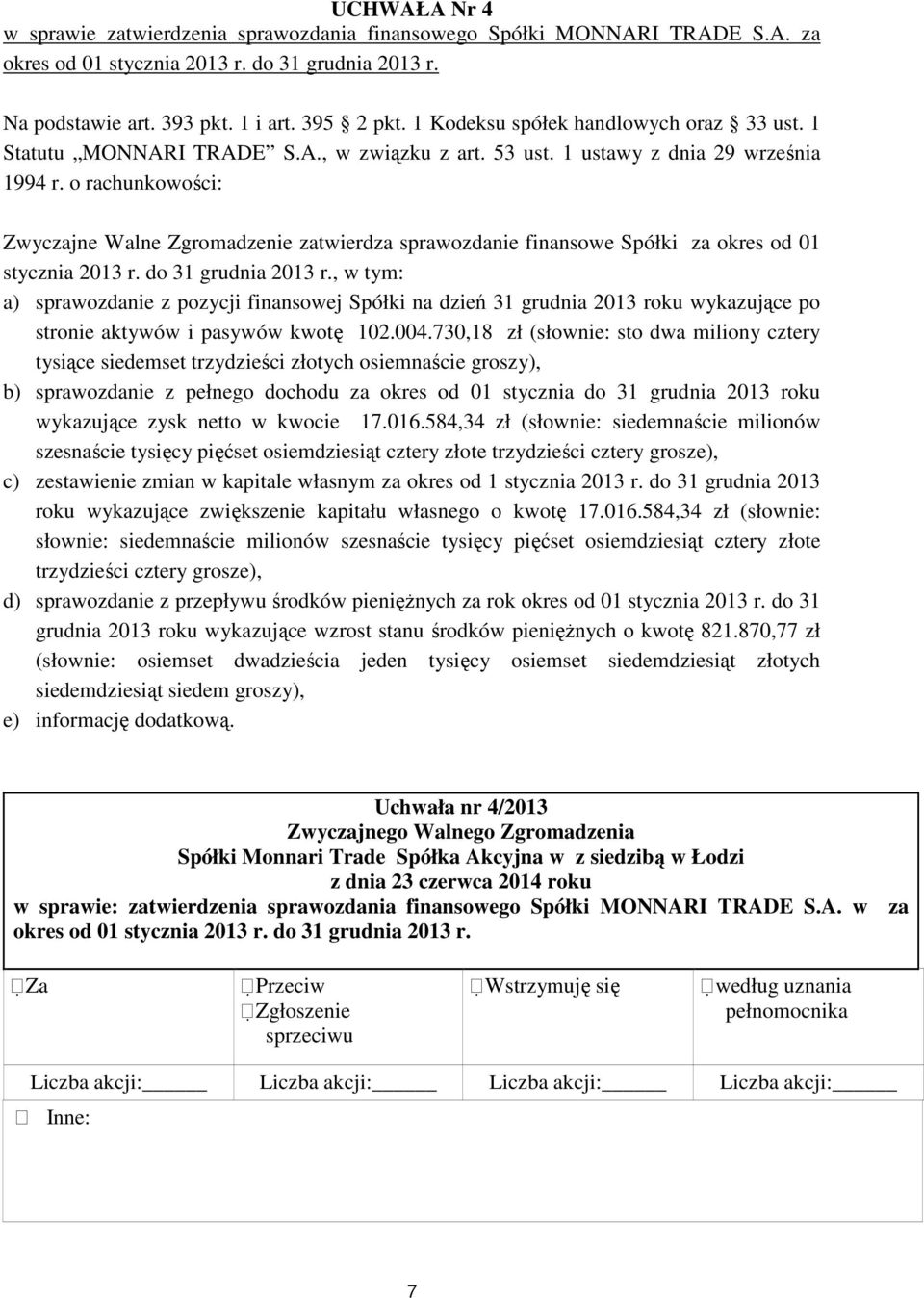 o rachunkowości: Zwyczajne Walne Zgromadzenie zatwierdza sprawozdanie finansowe Spółki za okres od 01 stycznia 2013 r. do 31 grudnia 2013 r.