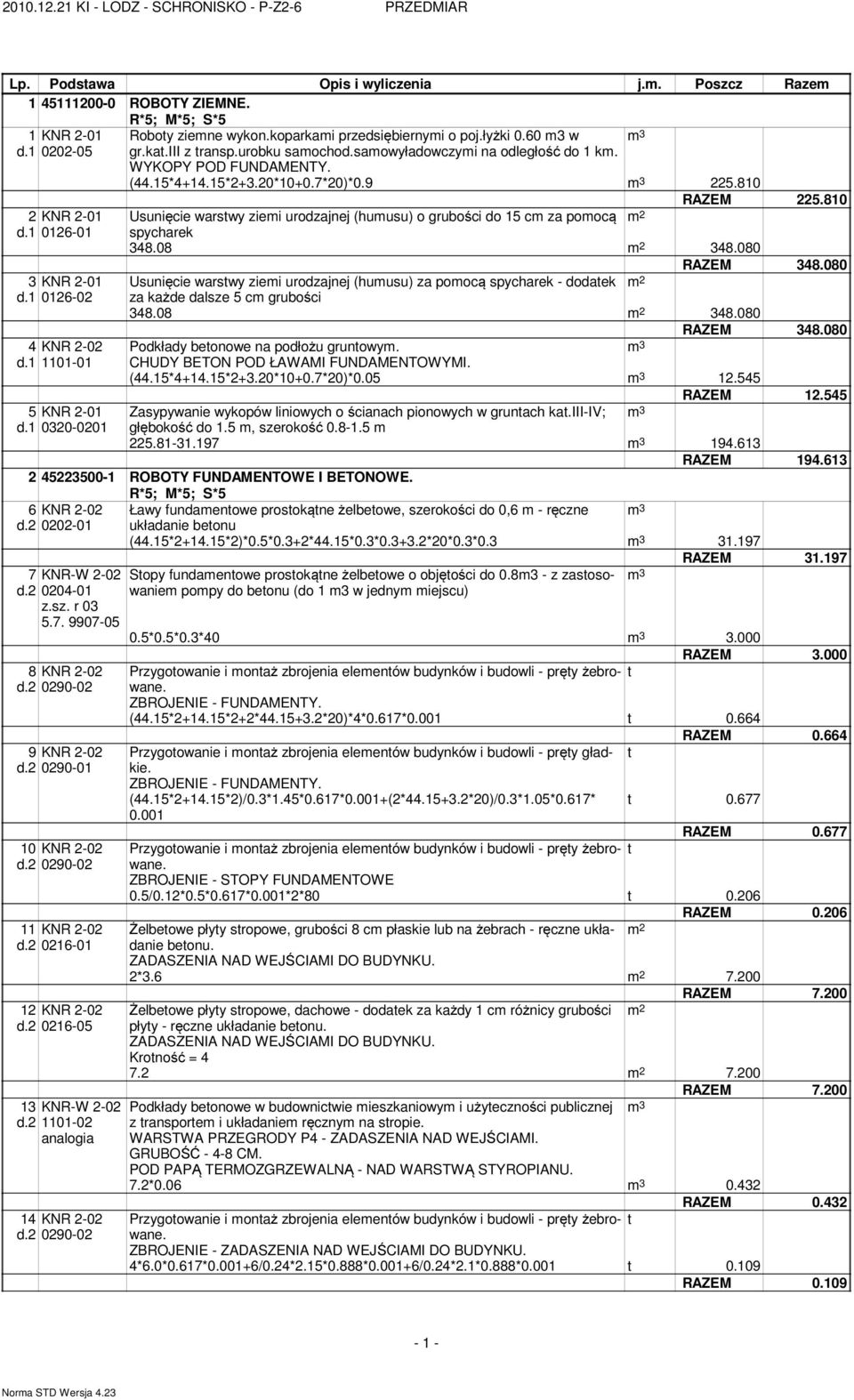 1 0126-01 spycharek 348.08 348.080 3 KNR 2-01 Usunięcie warswy ziei urodzajnej (huusu) za poocą spycharek - dodaek d.1 0126-02 za każde dalsze 5 c grubości 348.08 348.080 4 KNR 2-02 Podkłady beonowe na podłożu grunowy.