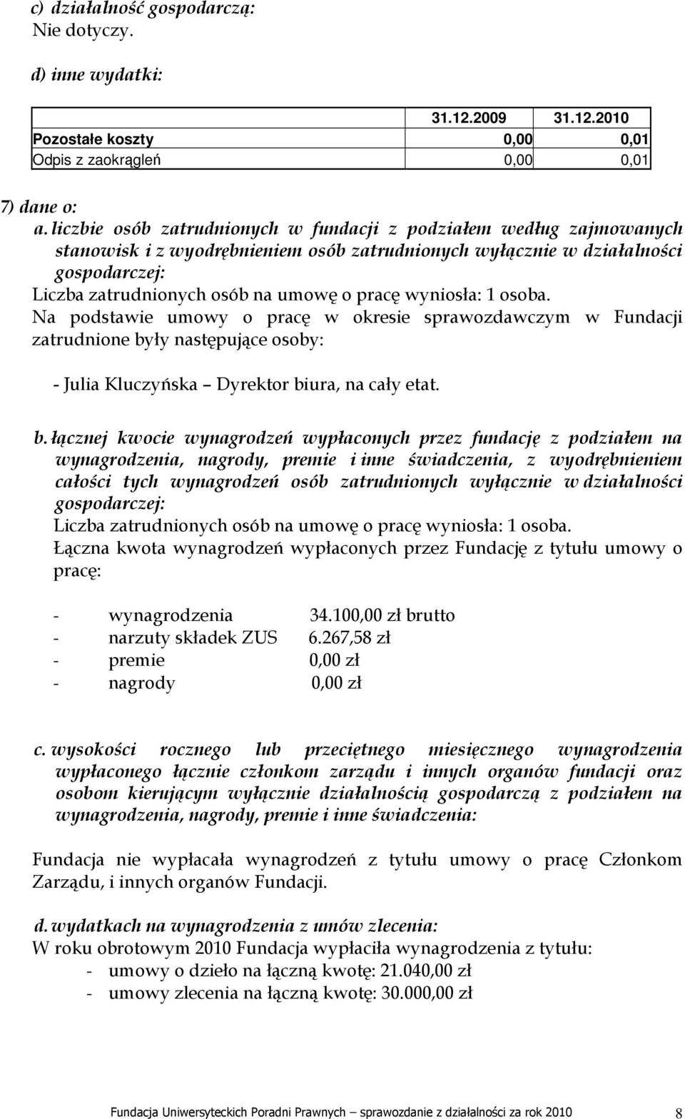 wyniosła: 1 osoba. Na podstawie umowy o pracę w okresie sprawozdawczym w Fundacji zatrudnione by