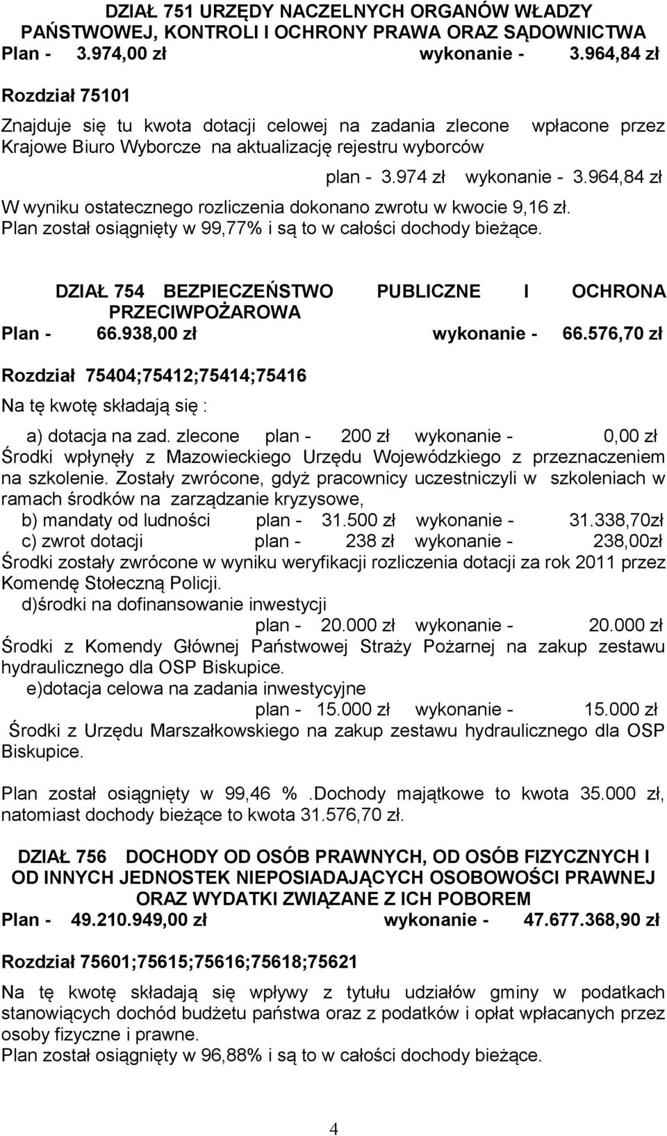 964,84 zł W wyniku ostatecznego rozliczenia dokonano zwrotu w kwocie 9,16 zł. Plan został osiągnięty w 99,77% i są to w całości dochody bieżące.