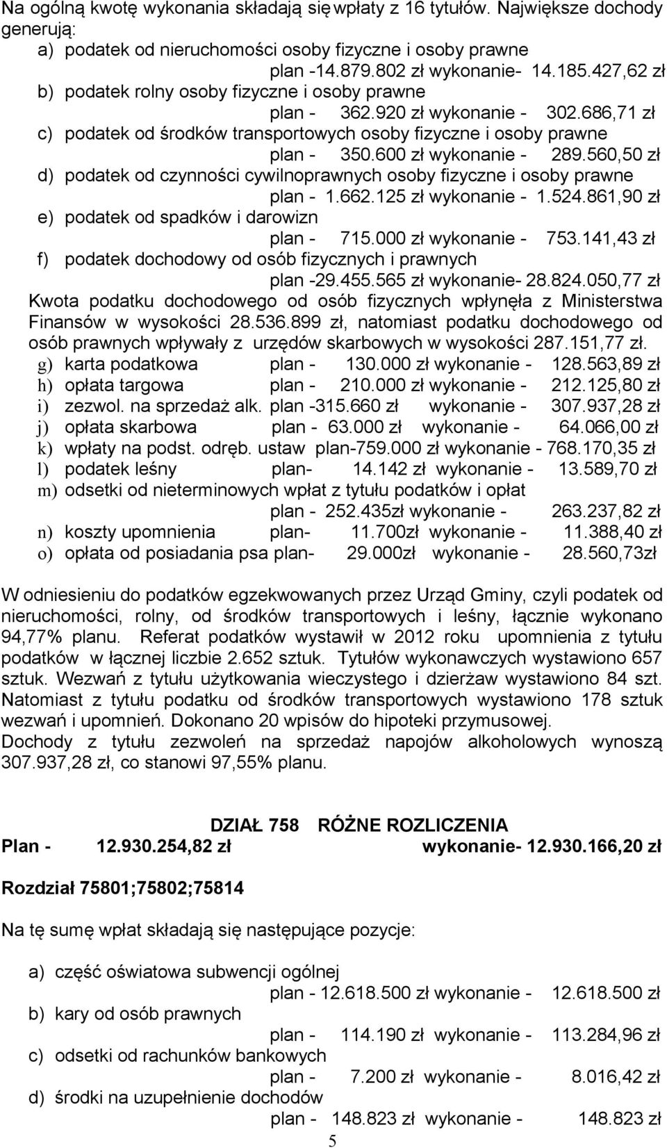 600 zł wykonanie - 289.560,50 zł d) podatek od czynności cywilnoprawnych osoby fizyczne i osoby prawne plan - 1.662.125 zł wykonanie - 1.524.861,90 zł e) podatek od spadków i darowizn plan - 715.