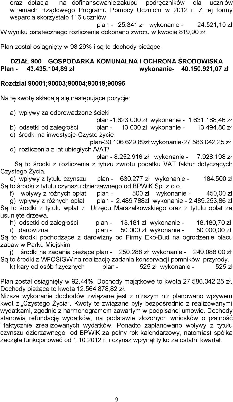 435.104,89 zł wykonanie- 40.150.921,07 zł Rozdział 90001;90003;90004;90019;90095 Na tę kwotę składają się następujące pozycje: a) wpływy za odprowadzone ścieki plan -1.623.000 zł wykonanie - 1.631.