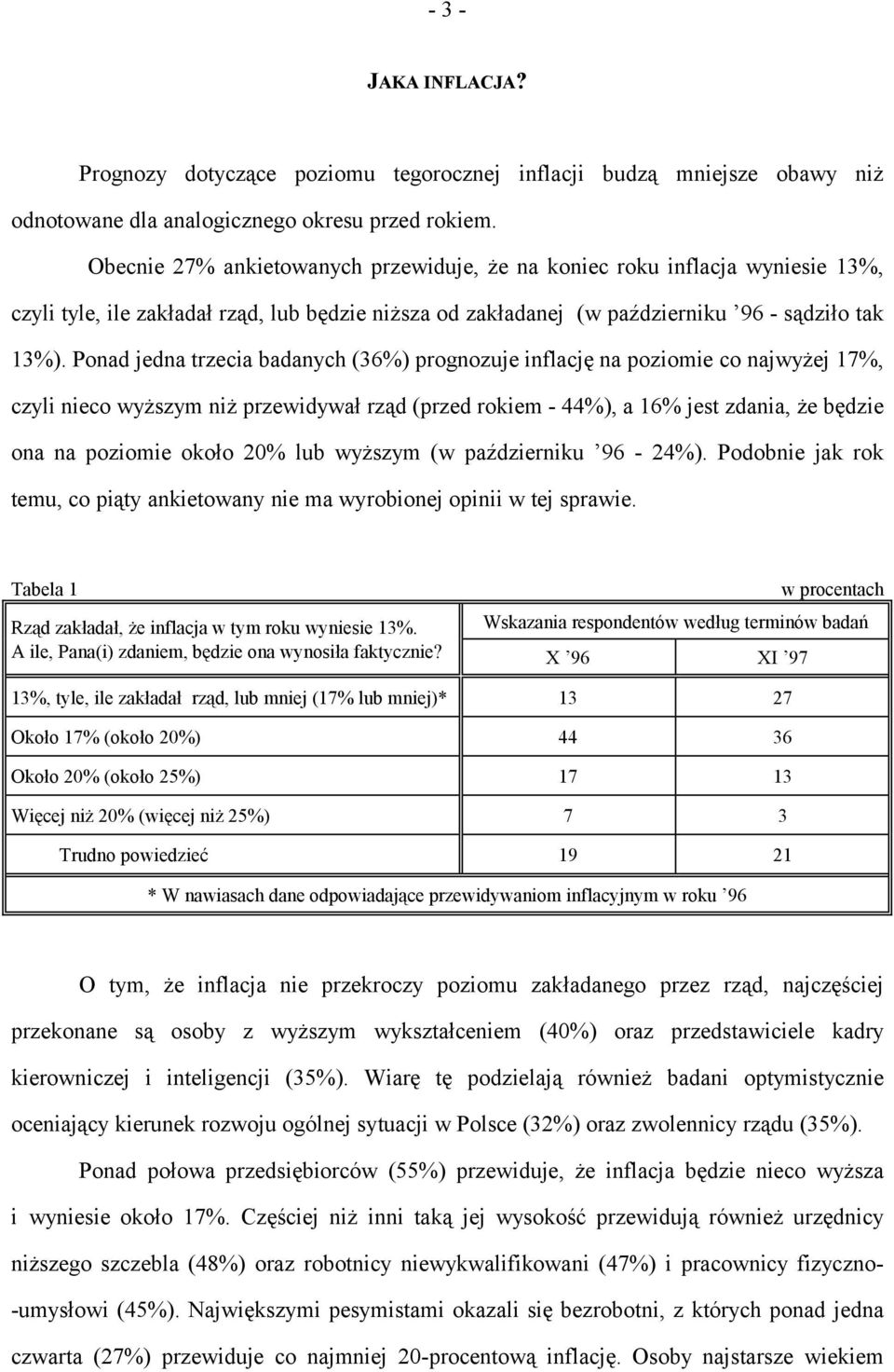 Ponad jedna trzecia badanych (36%) prognozuje inflację na poziomie co najwyżej 17%, czyli nieco wyższym niż przewidywał rząd (przed rokiem - 44%), a 16% jest zdania, że będzie ona na poziomie około