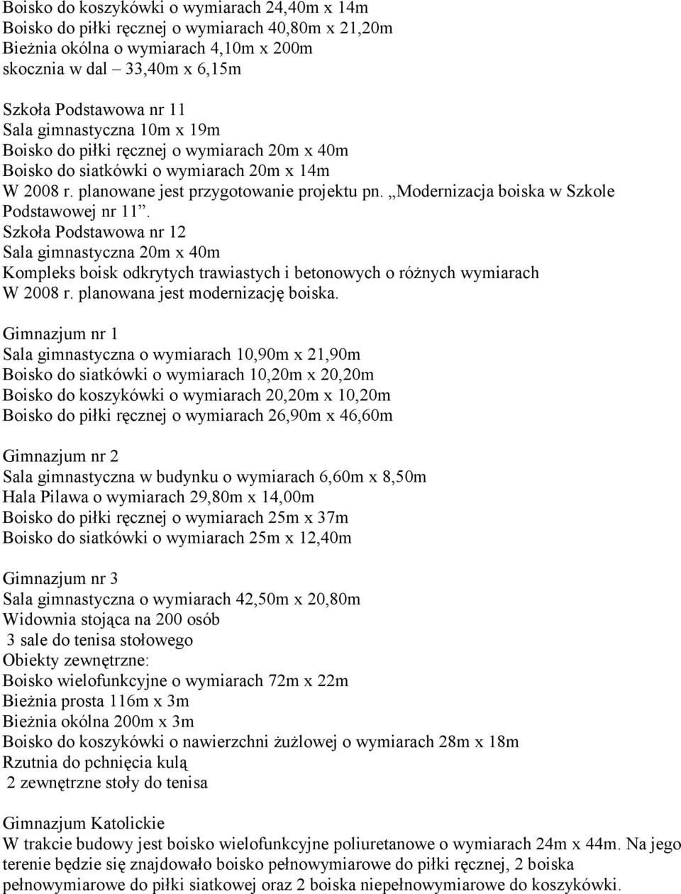 Modernizacja boiska w Szkole Podstawowej nr 11. Szkoła Podstawowa nr 12 Sala gimnastyczna 20m x 40m Kompleks boisk odkrytych trawiastych i betonowych o różnych wymiarach W 2008 r.