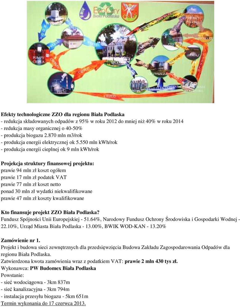 550 mln kwh/rok - produkcja energii cieplnej ok 9 mln kwh/rok Projekcja struktury finansowej projektu: prawie 94 mln zł koszt ogółem prawie 17 mln zł podatek VAT prawie 77 mln zł koszt netto ponad 30