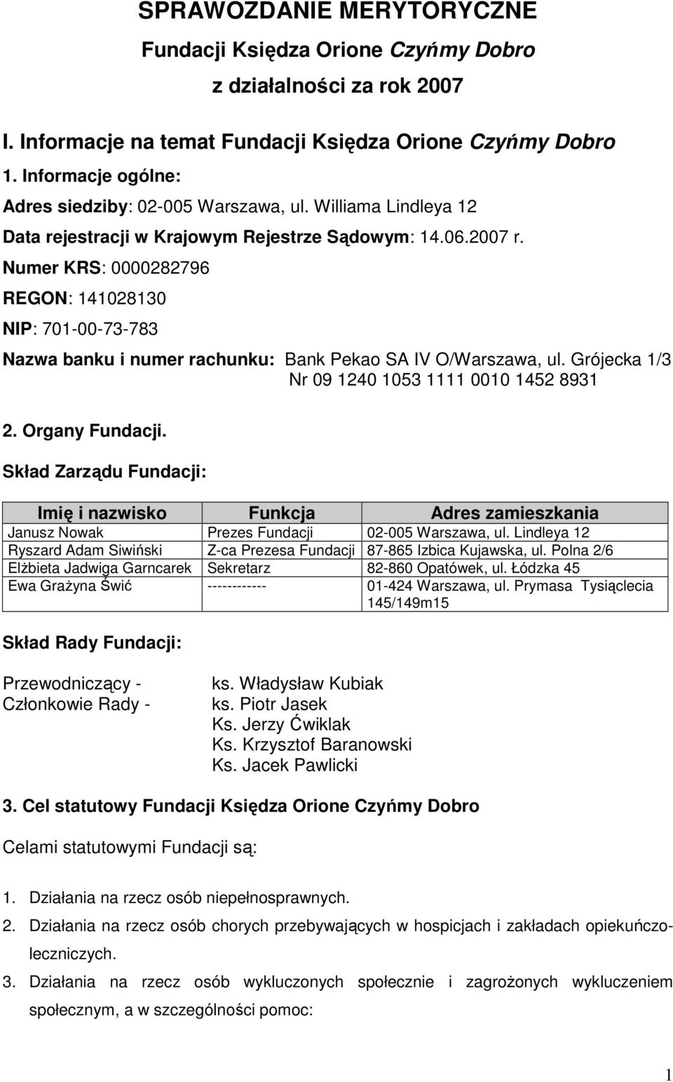 Numer KRS: 0000282796 REGON: 141028130 NIP: 701-00-73-783 Nazwa banku i numer rachunku: Bank Pekao SA IV O/Warszawa, ul. Grójecka 1/3 Nr 09 1240 1053 1111 0010 1452 8931 2. Organy Fundacji.