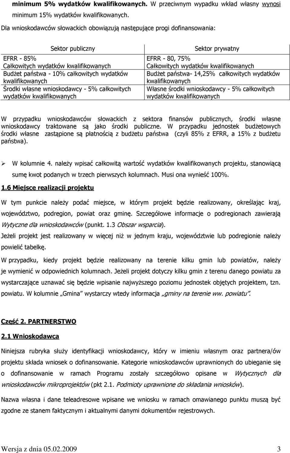 Środki własne wnioskodawcy - 5% całkowitych wydatków kwalifikowanych Sektor prywatny EFRR - 80, 75% Całkowitych wydatków kwalifikowanych Budżet państwa- 14,25% całkowitych wydatków kwalifikowanych