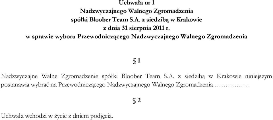 w sprawie wyboru Przewodniczącego Nadzwyczajnego Walnego Zgromadzenia 1 Nadzwyczajne Walne