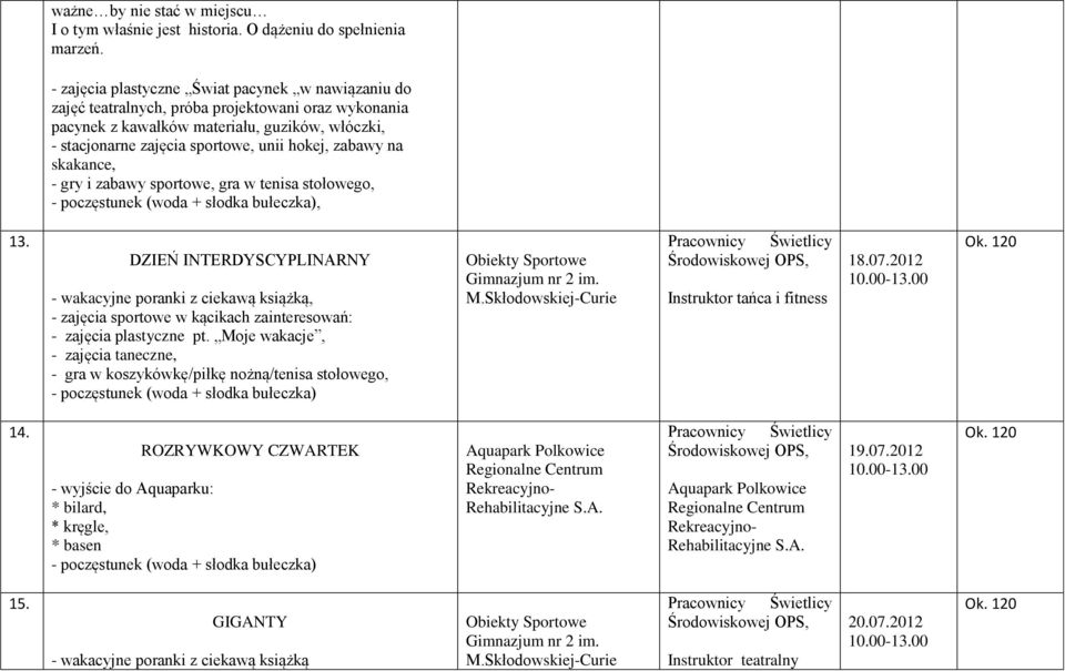 zabawy na skakance, - gry i zabawy sportowe, gra w tenisa stołowego,, 13. DZIEŃ INTERDYSCYPLINARNY - zajęcia sportowe w kącikach zainteresowań: - zajęcia plastyczne pt.