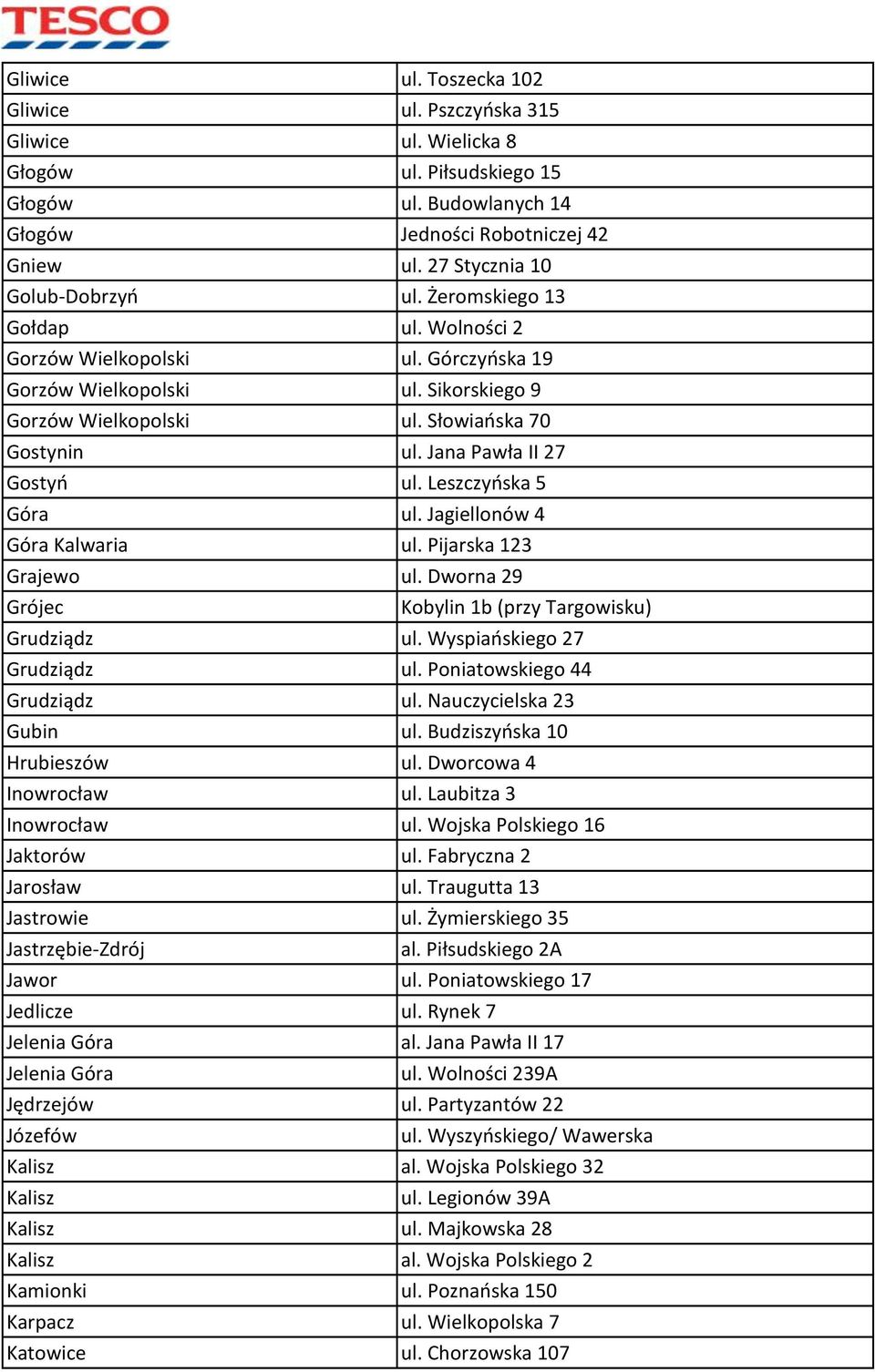 Jana Pawła II 27 Gostyń ul. Leszczyńska 5 Góra ul. Jagiellonów 4 Góra Kalwaria ul. Pijarska 123 Grajewo ul. Dworna 29 Grójec Kobylin 1b (przy Targowisku) Grudziądz ul. Wyspiańskiego 27 Grudziądz ul.