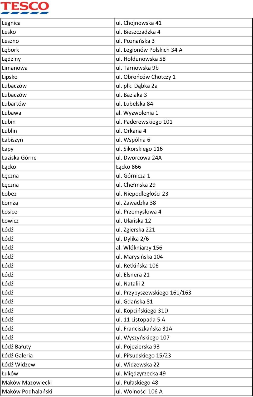 Sikorskiego 116 Łaziska Górne ul. Dworcowa 24A Łącko Łącko 866 Łęczna ul. Górnicza 1 Łęczna ul. Chełmska 29 Łobez ul. Niepodległości 23 Łomża ul. Zawadzka 38 Łosice ul. Przemysłowa 4 Łowicz ul.