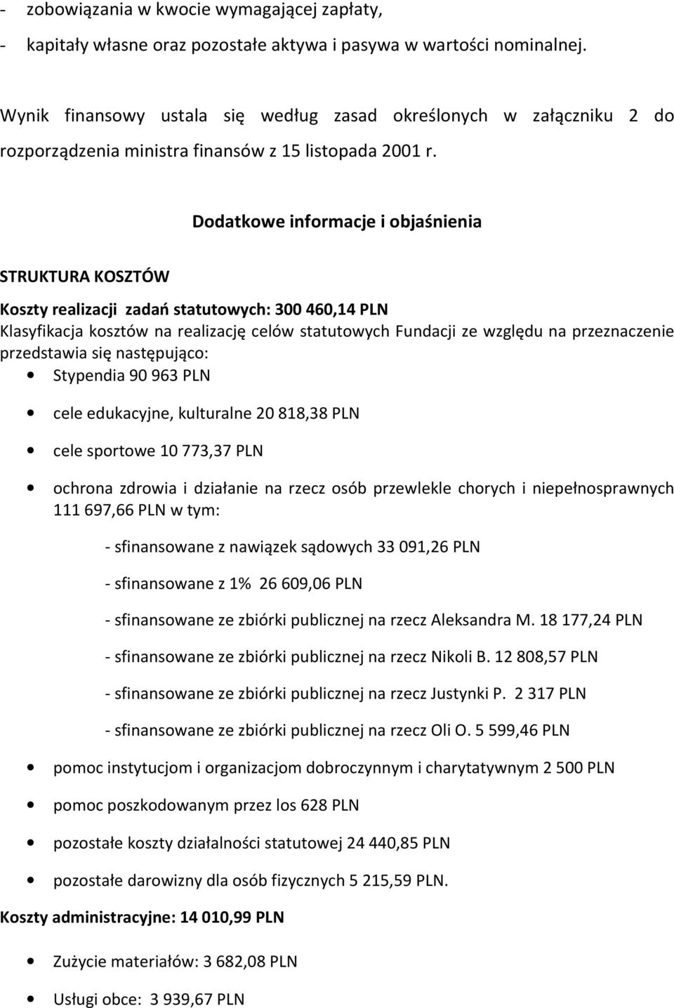 Dodatkowe informacje i objaśnienia STRUKTURA KOSZTÓW Koszty realizacji zadań statutowych: 300 460,14 PLN Klasyfikacja kosztów na realizację celów statutowych Fundacji ze względu na przeznaczenie