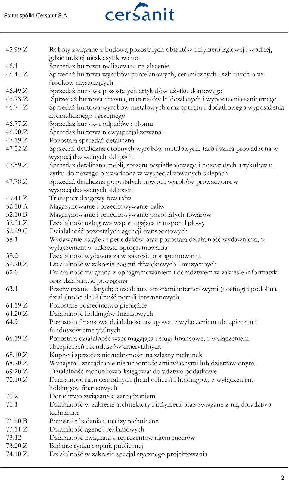 Z Sprzedaż hurtowa drewna, materiałów budowlanych i wyposażenia sanitarnego 46.74.Z Sprzedaż hurtowa wyrobów metalowych oraz sprzętu i dodatkowego wyposażenia hydraulicznego i grzejnego 46.77.