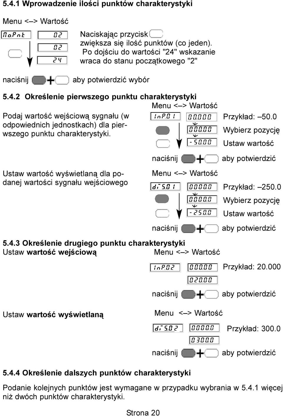 0 Wybierz pozycjê Ustaw wartoœæ aby potwierdziæ 5.4.3 Okreœlenie drugiego punktu charakterystyki Ustaw wartoœæ wejœciow¹ Menu < > Wartoœæ Przyk³ad: 20.