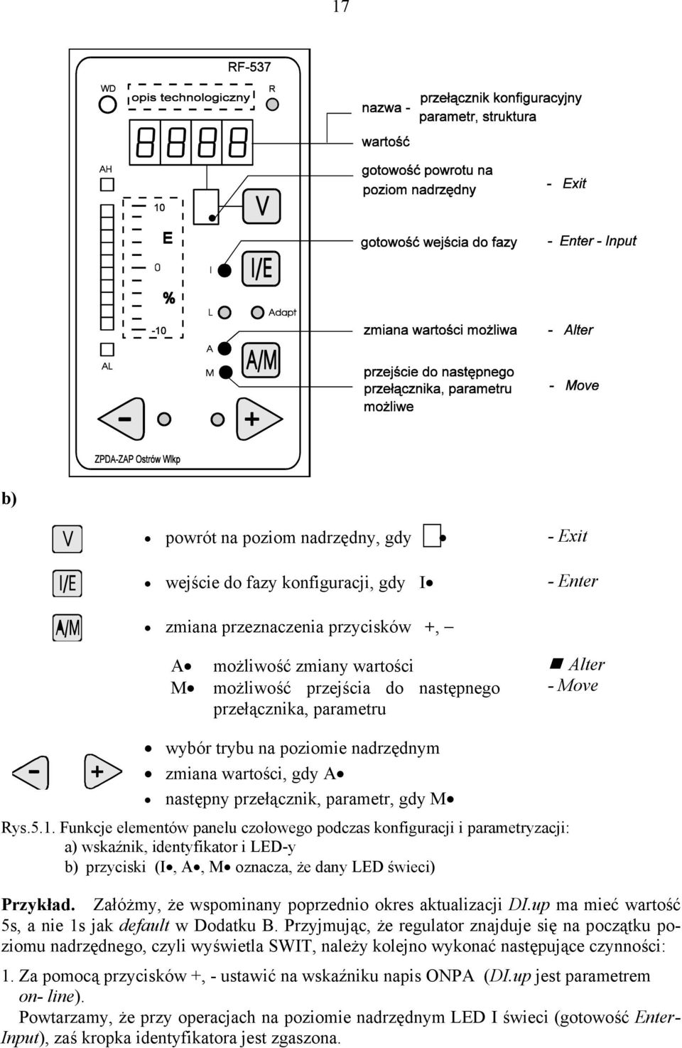 Funkcje elementów panelu czołowego podczas konfiguracji i parametryzacji: a) wskaźnik, identyfikator i LED-y b) przyciski (I, A, M oznacza, że dany LED świeci) Przykład.