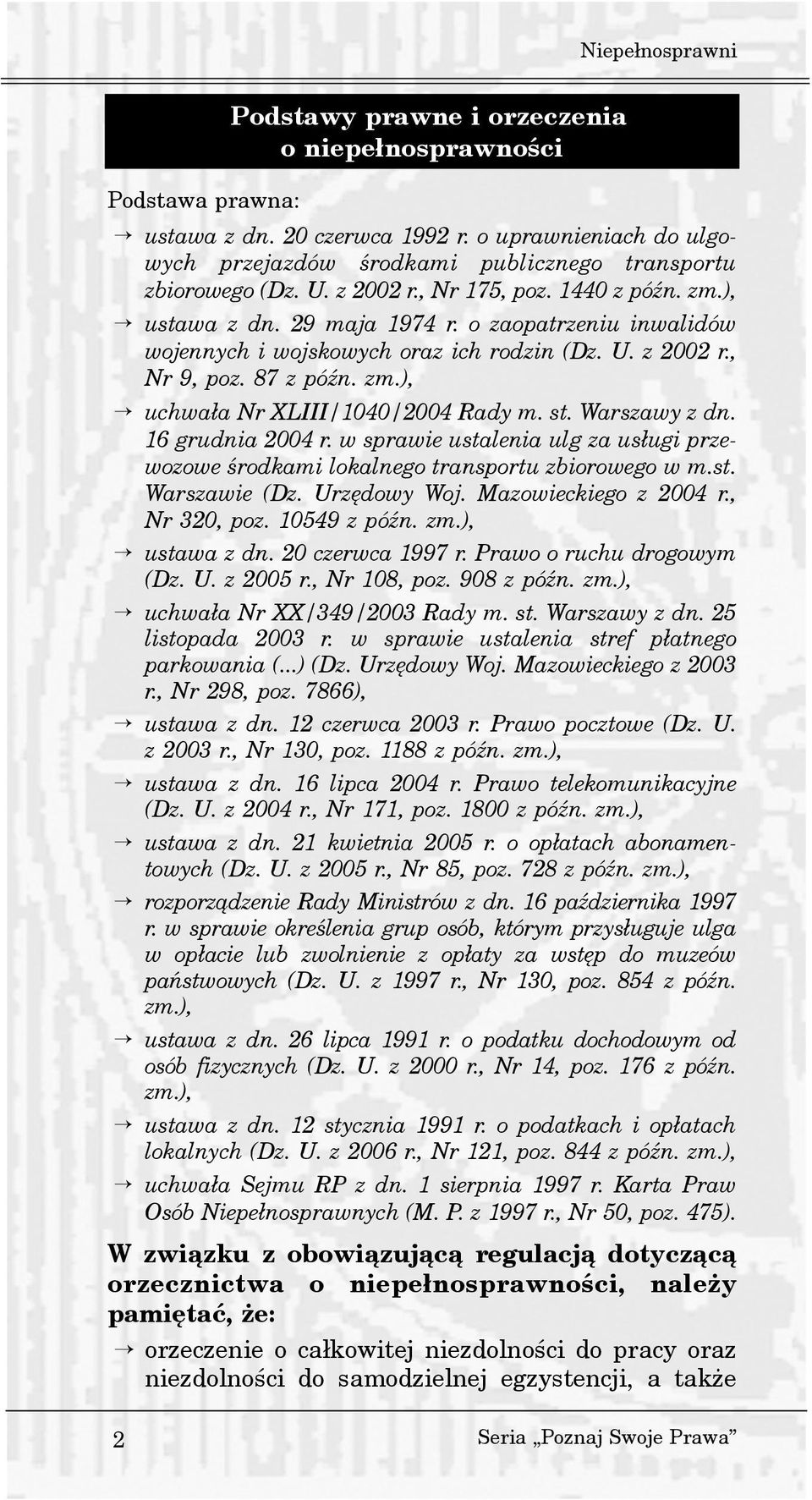 o zaopatrzeniu inwalidów wojennych i wojskowych oraz ich rodzin (Dz. U. z 2002 r., Nr 9, poz. 87 z póÿn. zm.), uchwa³a Nr XLIII/1040/2004 Rady m. st. Warszawy z dn. 16 grudnia 2004 r.