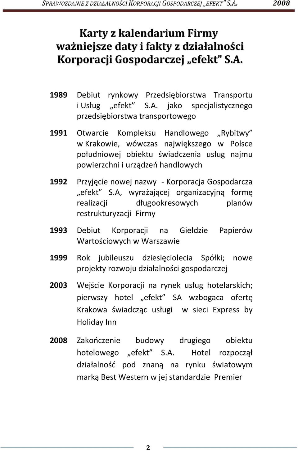 jako specjalistycznego przedsiębiorstwa transportowego 1991 Otwarcie Kompleksu Handlowego Rybitwy w Krakowie, wówczas największego w Polsce południowej obiektu świadczenia usług najmu powierzchni i