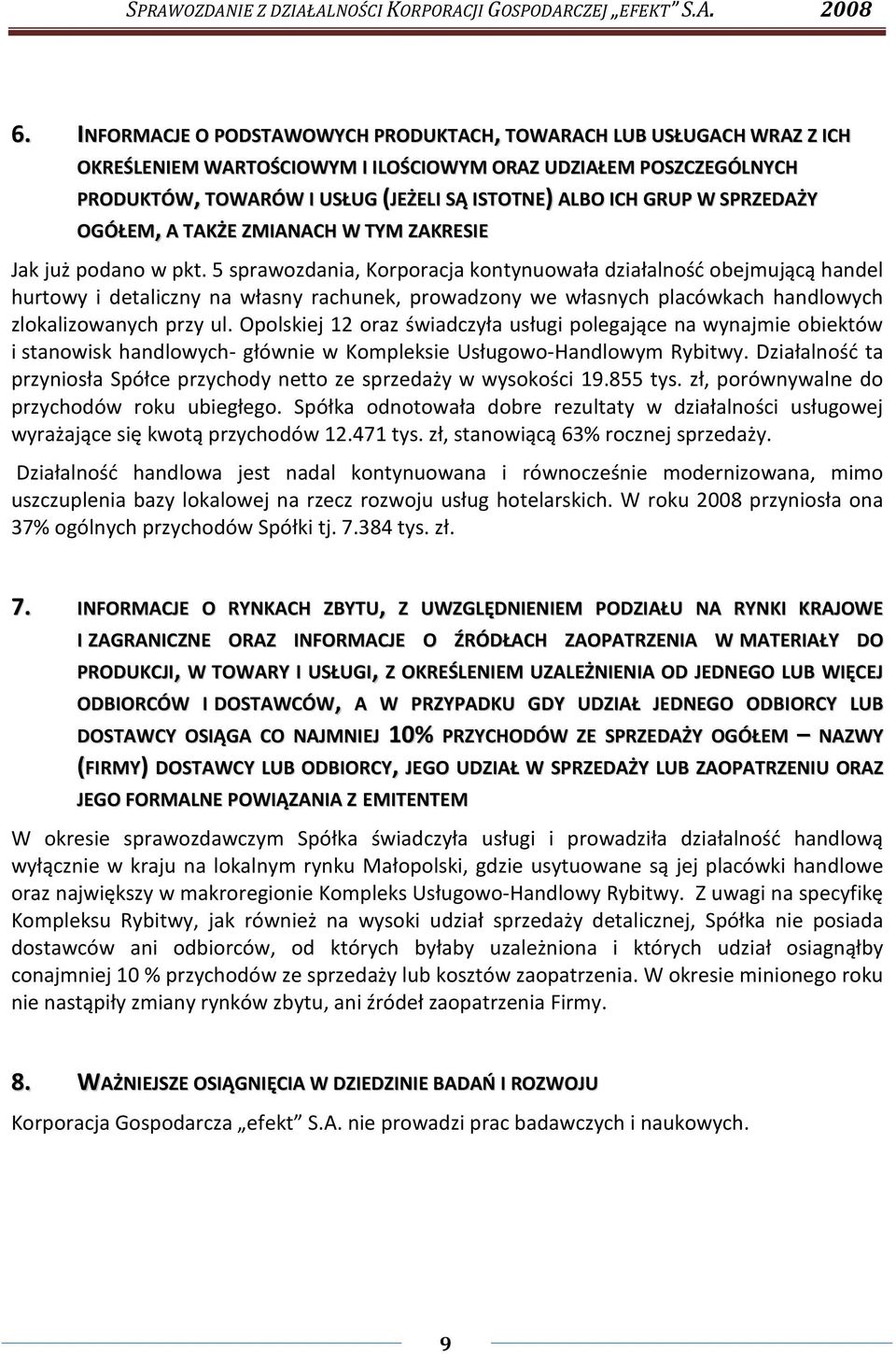 5 sprawozdania, Korporacja kontynuowała działalność obejmującą handel hurtowy i detaliczny na własny rachunek, prowadzony we własnych placówkach handlowych zlokalizowanych przy ul.