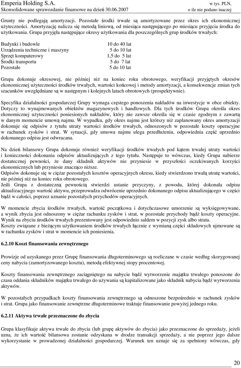 Grupa przyjęła następujące okresy użytkowania dla poszczególnych grup środków trwałych: Budynki i budowle Urządzenia techniczne i maszyny Sprzęt komputerowy Środki transportu Pozostałe 10 do 40 lat 5