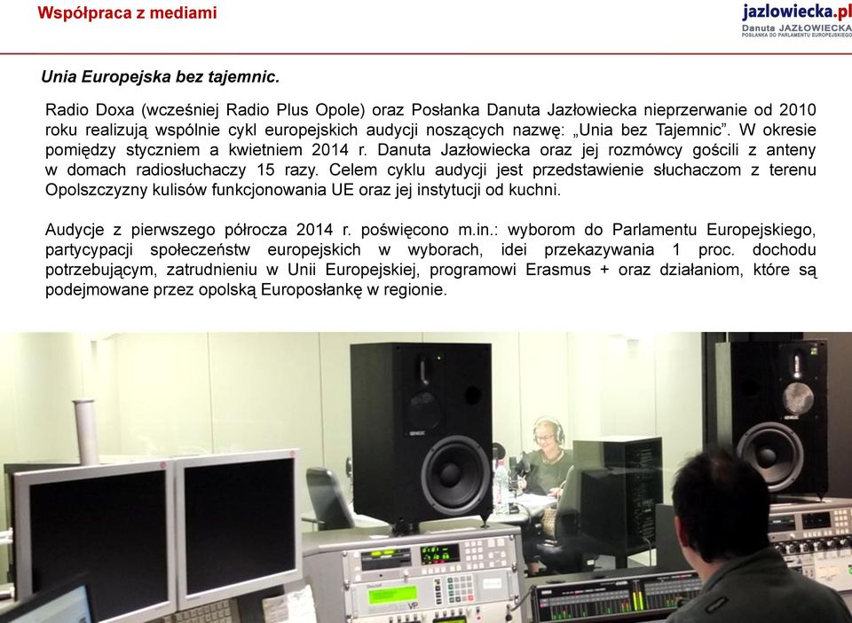 W okresie pomiędzy styczniem a kwietniem 2014 r. Danuta Jazłowiecka oraz jej rozmówcy gościli z anteny w domach radiosłuchaczy 15 razy.