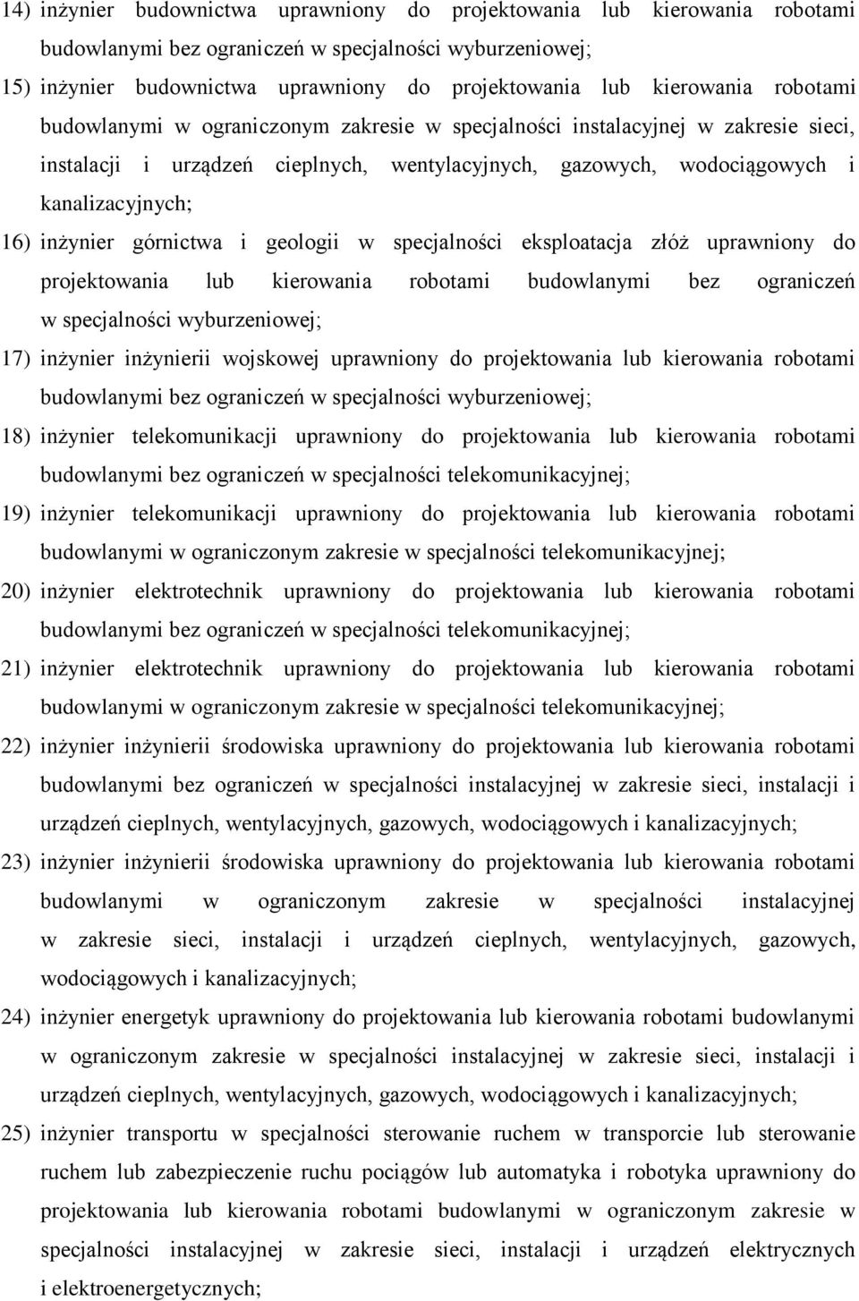 inżynier górnictwa i geologii w specjalności eksploatacja złóż uprawniony do projektowania lub kierowania robotami budowlanymi bez ograniczeń w specjalności wyburzeniowej; 17) inżynier inżynierii