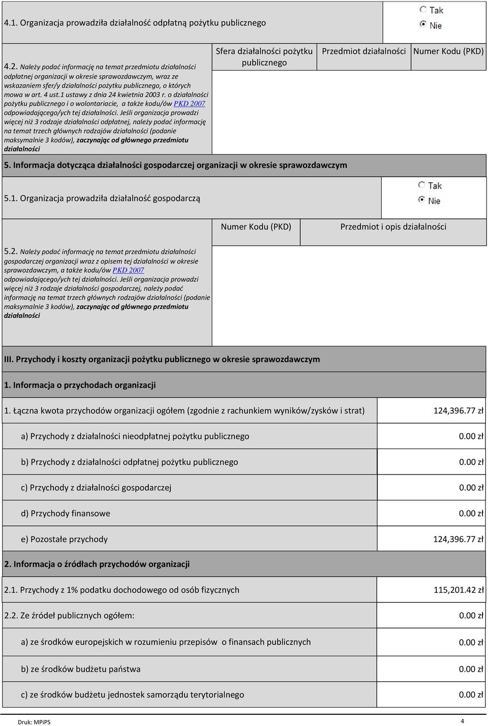 1 ustawy z dnia 24 kwietnia 2003 r. o działalności pożytku publicznego i o wolontariacie, a także kodu/ów PKD 2007 odpowiadającego/ych tej działalności.