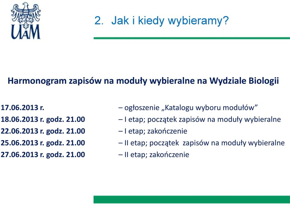 00 I etap; początek zapisów na moduły wybieralne 22.06.2013 r. godz. 21.